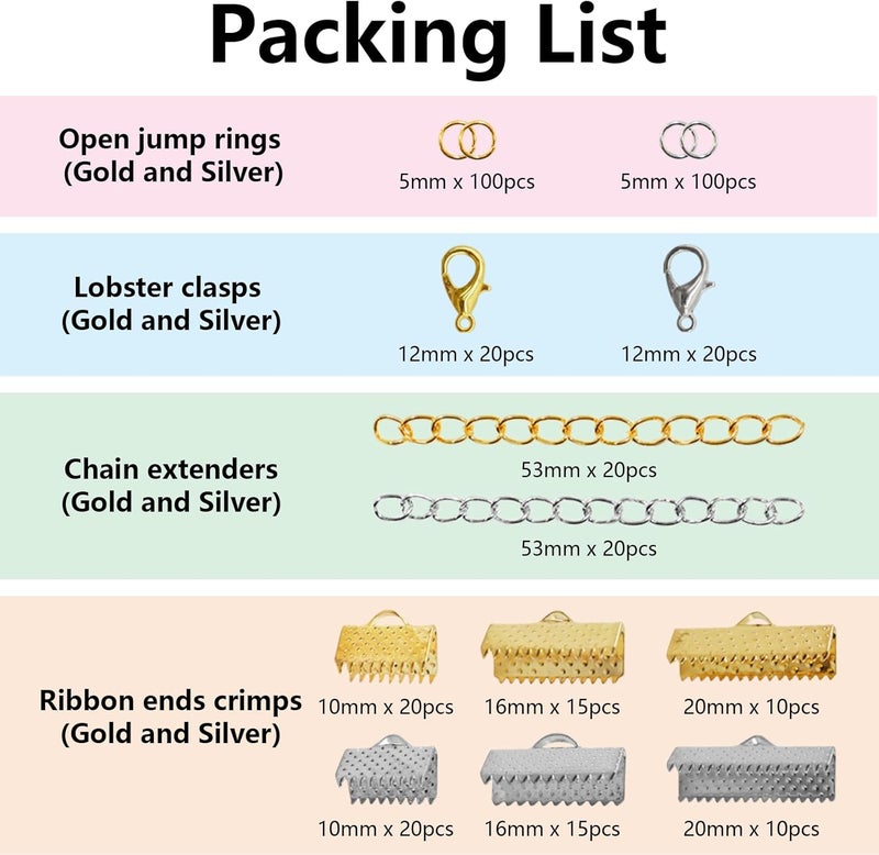 SHRJ Ribbon Crimp Clamp Ends Lobster Clasps Jump Rings Chain Extenders Bookmark Pinch Cord End Clasps with Tweezers for DIY Making Bookmark Pinch Bracelet Choker Necklace, Gold Silver - Image 2